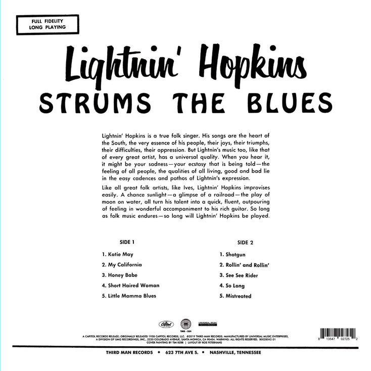 Lightnin' Hopkins Strums The Blues twelve inch vinyl back cover 